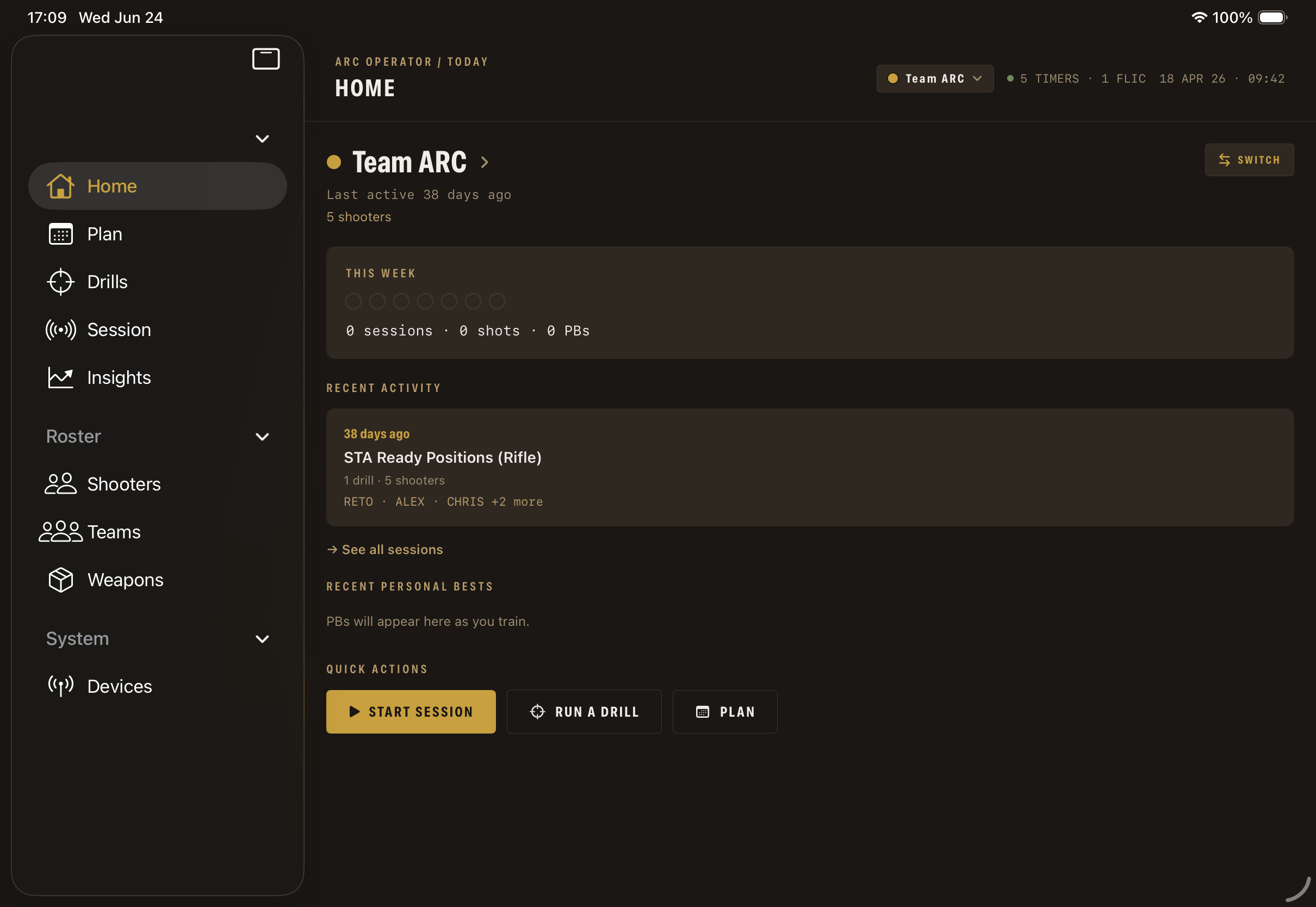ARC Shooter team home screen showing roster and recent activity